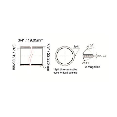 Technical diagram of Sleeve Bearing With Three Quarter Inch Bore Seven Eighths Inch Outer Diameter And Three Quarter Inch Length Wrapped Oilless Plain Bearings Pack Of 2