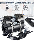 High Efficiency Oilless Vacuum Pump With Fifty Liters Per Minute Capacity And Simple On Off Switch Quiet Aluminum Silencer Vacuum Gauge Four Connectors For Laboratory Electronics Industry And Home Workshop Use