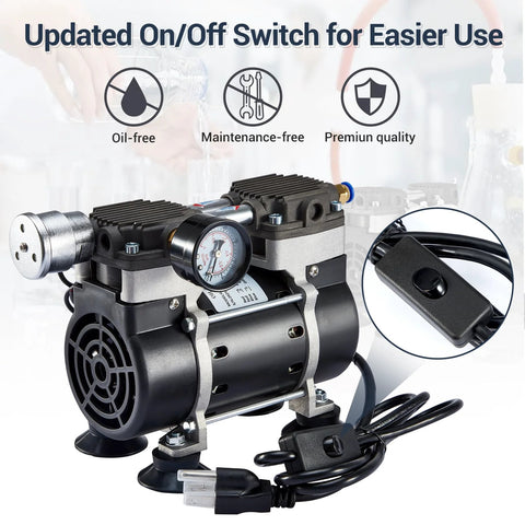 High Efficiency Oilless Vacuum Pump With Fifty Liters Per Minute Capacity And Simple On Off Switch Quiet Aluminum Silencer Vacuum Gauge Four Connectors For Laboratory Electronics Industry And Home Workshop Use