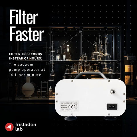 Back view of an oilless vacuum pump for filtration with 10 L per minute flow whisper quiet at 40 decibels in a lab environment.