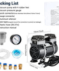 High Efficiency Oilless Vacuum Pump With Fifty Liters Per Minute Capacity And Simple On Off Switch with accessories and packing list