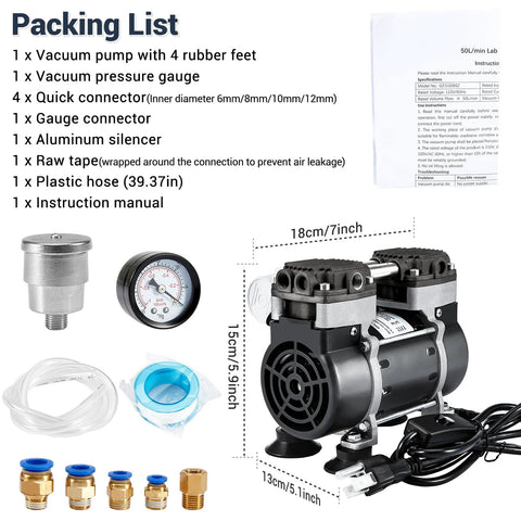 High Efficiency Oilless Vacuum Pump With Fifty Liters Per Minute Capacity And Simple On Off Switch with accessories and packing list