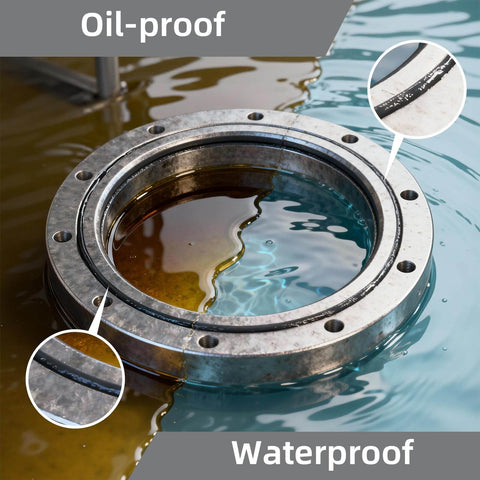 Black Silicone Gasket Maker Sealant 6 Pack for High Temperature Gasket Sealing in Automotive, Motorcycle, and Machinery Repair shown in oil and water for demonstration.