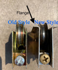 Two Pack Sliding Patio Door Roller Assembly For Wood Glass Doors Part Number 0C8P0001 Compatible From 1992 To Present shown in old and new styles with flange visible.