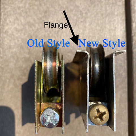Two Pack Sliding Patio Door Roller Assembly For Wood Glass Doors Part Number 0C8P0001 Compatible From 1992 To Present shown in old and new styles with flange visible.