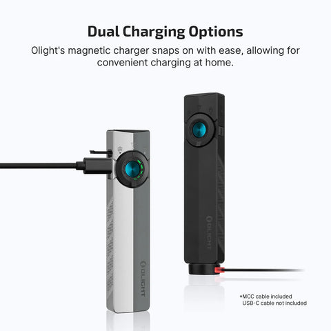 OLIGHT ArkPro EDC Flat Flashlight delivers 1500 lumen flood and 800 lumen spot for versatile outdoor lighting, plus built in UV and green signaling, USB-C recharge, compact one handed design, ideal for camping, emergencies, and daily carry, dual charging options shown