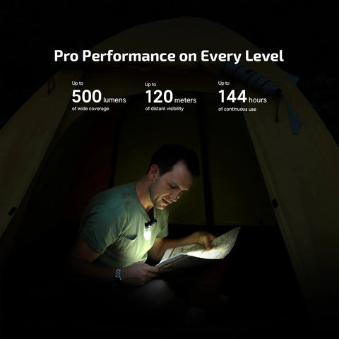 Man reading map in tent using OLIGHT Oclip Pro EDC Clip On Light Rechargeable 500 Lumens With Three Lighting Modes USB C Charging