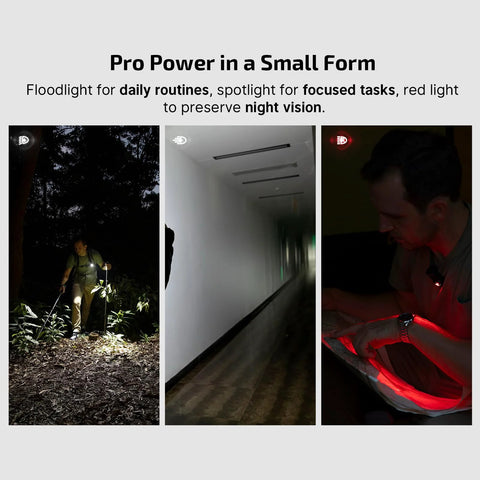Three images showing OLIGHT Oclip Pro EDC Clip On Light in use for signaling and night visibility in dark outdoor and indoor settings.