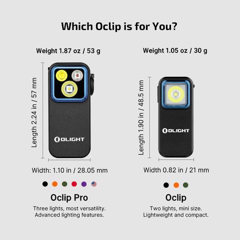 OLIGHT Oclip Pro EDC Clip On Light Rechargeable 500 Lumens With Three Lighting Modes USB C Charging Magnetic Clip comparison chart