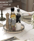 Italian natural travertine lazy susan turntable for table top, 10 inch round stone tray with black frame and condiments.