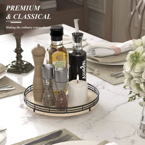 Italian natural travertine lazy susan turntable for table top, 10 inch round stone tray with black frame and condiments.