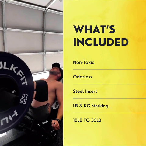 Two Inch Olympic Rubber Bumper Weight Plates With Shock Absorption For Barbells Beefy Multi Color 45 Pound Plate For Hardcore Gains Strength Training And Full Body Home Gym Workouts, man lifting weights in garage.