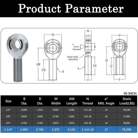 1 1/4 Heim Joints Rod End Kit with Right and Left Hand Threads, technical diagram and dimensions chart for steering or suspension use