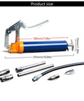 One Handed 120cc High Pressure Grease Gun for Precise Lubrication in Heavy Duty Machines, with attachments and dimensions