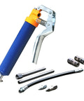 One Handed 120cc High Pressure Grease Gun for Precise Lubrication in Heavy Duty Machines, yellow handle with accessories
