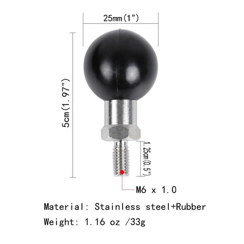 One Inch Ball Adapter With M6 X 1.0mm Threaded Post For RAM Mounts B Size Double Socket Arm And Screw Ball Head; diagram showing dimensions and materials.