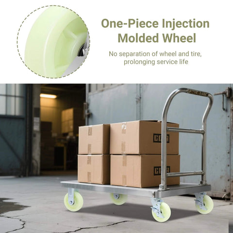 Industrial cart with boxes on heavy duty caster wheels 6 inch - 4500 LBS, PP plate castor set of 4, non-marking, at warehouse entrance.