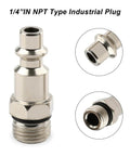 One Quarter Inch NPT Type Industrial Plug for air compressors and tools, featuring close-up views, metal construction, durable design.