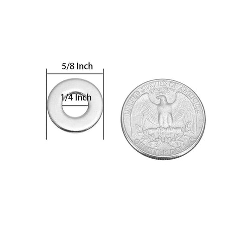 One Quarter Inch Stainless Flat Washer With Five Eighth Inch Outside Diameter 304 Stainless Steel Pack Of 100 next to a US quarter for size reference.