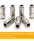 Union Straight Push To Connect Fittings One Quarter Inch Tube Quick Connect for air and water lines, nickel plated brass, 2 pack