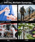 Collage of 6 In 1 Trauma Shears Foldable Kit used in medical, hiking, emergency, and daily scenarios.