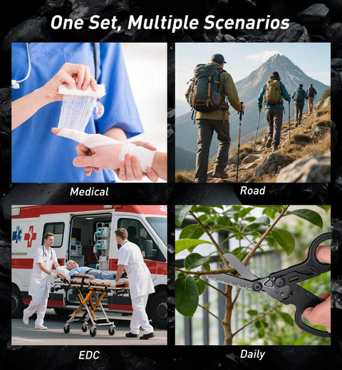 Collage of 6 In 1 Trauma Shears Foldable Kit used in medical, hiking, emergency, and daily scenarios.