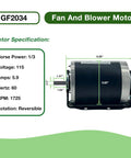 One Third HP Blower Motor For HVAC Systems 115V 60Hz 1725 RPM 48 Frame, side view with specifications chart.