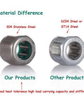 Comparison of two needle roller bearings, one in 304 stainless steel and the other in DC04 steel, highlighting material differences.
