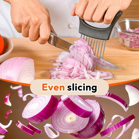 Onion Slicer and Holder With Pro Grade 10 Stainless Steel Prongs For Stable Even Slicing Safe Non Slip Base And Protective Case
