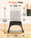 Front view of Onion Slicer and Holder with Pro Grade 10 Stainless Steel Prongs, showing product dimensions on a kitchen counter.