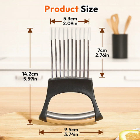 Front view of Onion Slicer and Holder with Pro Grade 10 Stainless Steel Prongs, showing product dimensions on a kitchen counter.