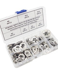 Open box of Stainless Steel Starlock Washers Kit 7 Sizes M3 to M12 External Push Rings, showing organized compartments.
