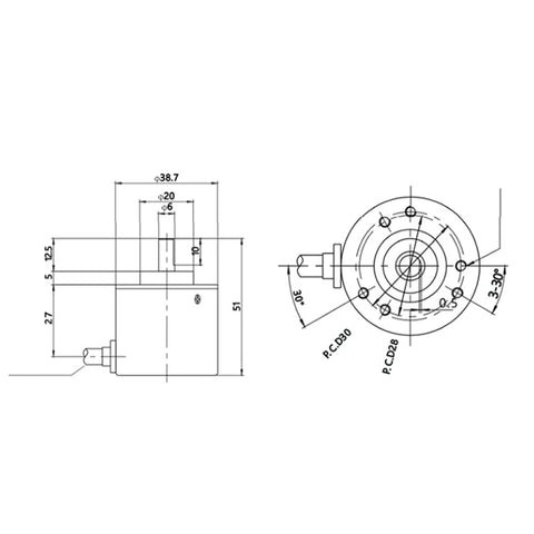 Technical drawing of High Efficiency Optical Incremental Encoder 5 To 24V DC, 30mA, 3-Phase With Half Hollow 6mm Shaft, 6000 RPM, Compact Mount.