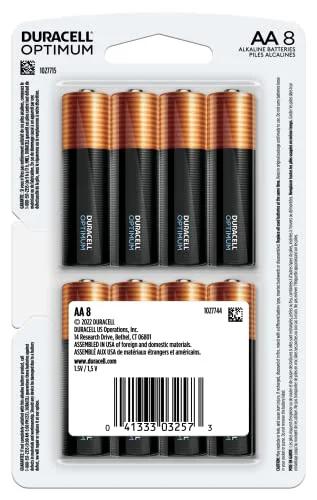 Optimum AA Batteries With Power Boost For Long Lasting Power 8 Count Pack in blister packaging, Duracell brand visible.