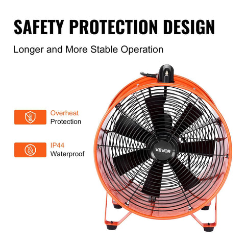 Front view of Heavy Duty 16 Inch Utility Blower Fan With Two Speeds Delivers Beastly 5175 CFM At High And 4475 CFM At Low Portable Industrial Exhaust Ventilator With 33 Feet Duct Hose For Basements Warehouses And Workshops
