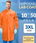 Orange Disposable Lab Coats For Adults 3X-Large Pack Of 10 Pro Grade With Hook And Loop Closure No Pockets Made From Polyethylene Coated Polypropylene