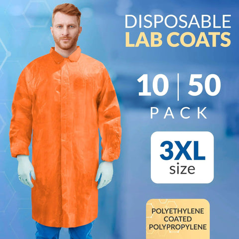 Orange Disposable Lab Coats For Adults 3X-Large Pack Of 10 Pro Grade With Hook And Loop Closure No Pockets Made From Polyethylene Coated Polypropylene