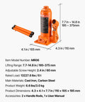 6 Ton Hydraulic Bottle Jack For Cars Trucks SUVs With 7.7 To 14.8 Inch Lifting Range Heavy Duty Welded Body Orange Built To Handle Auto Repair Farm Work And Home Lifts Ready To Roll showing features and dimensions
