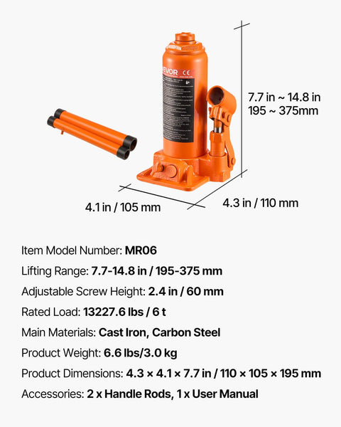 6 Ton Hydraulic Bottle Jack For Cars Trucks SUVs With 7.7 To 14.8 Inch Lifting Range Heavy Duty Welded Body Orange Built To Handle Auto Repair Farm Work And Home Lifts Ready To Roll showing features and dimensions