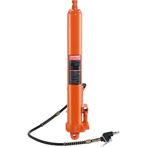 Heavy Duty 8 Ton Hydraulic Long Ram Jack For Engine Hoists With Air Pump And Clevis Base Cylinder, orange steel, front view