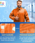 Person wearing orange disposable lab coat in hallway, close-up of fabric with hook and loop closure, no pockets, polyethylene coated polypropylene.
