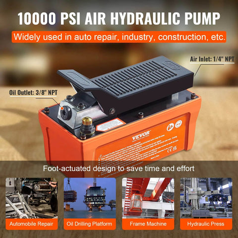 Air Hydraulic Pump, 10,000 PSI 1/2 Gal Reservoir, NPT 3/8" Oil Outlet, NPT 1/4" Inlet, orange, for auto body frame machines.