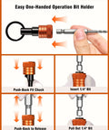 Orange Aluminum Bit Holder Key Chain Set With Twelve Pieces One Fourth Inch Hex Shank Bit Holders For Impact Drills And Nut Drivers Quick Release Screwdriver Extension Tool With Carabiner A Solid Gift For Diy Guys in hand showing operation steps.