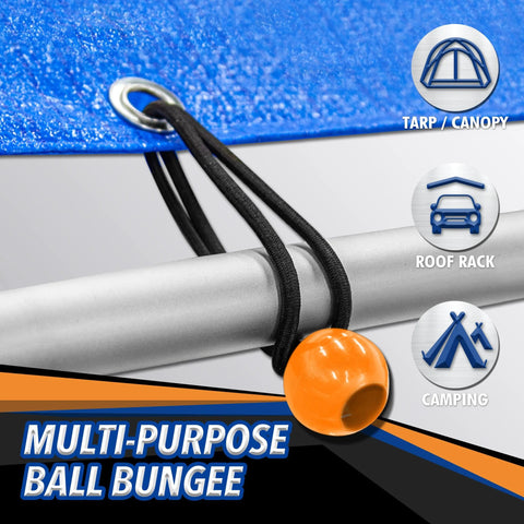 Close-up of canopy tarp ball tie from 32 Piece Bungee Cords And Tarp Clips Assortment Kit for outdoor use.