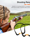 Person aiming rifle wearing Orange Banded Earplugs For Shooting Range 4 Piece Set Reusable Silicone Hearing Protection With Neck Band