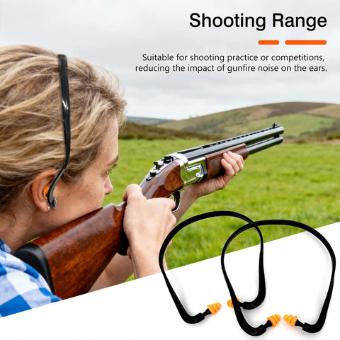 Person aiming rifle wearing Orange Banded Earplugs For Shooting Range 4 Piece Set Reusable Silicone Hearing Protection With Neck Band