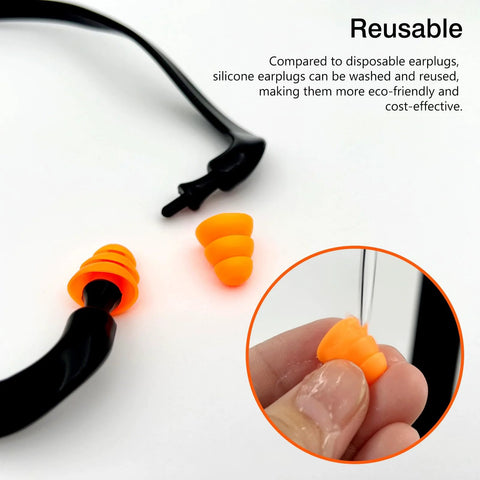 Orange Banded Earplugs For Shooting Range 4 Piece Set Reusable Silicone Hearing Protection With Neck Band shown with silicone tip