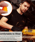 Person using Orange Banded Earplugs For Shooting Range 4 Piece Set Reusable Silicone Hearing Protection during work with power tool
