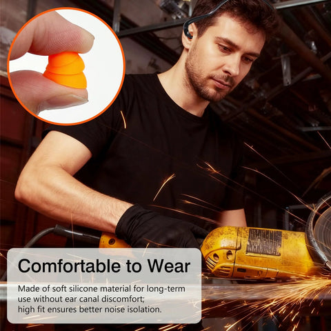 Person using Orange Banded Earplugs For Shooting Range 4 Piece Set Reusable Silicone Hearing Protection during work with power tool