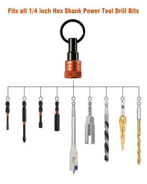 Orange Aluminum Bit Holder Key Chain Set With Twelve Pieces One Fourth Inch Hex Shank Bit Holders For Impact Drills And Nut Drivers